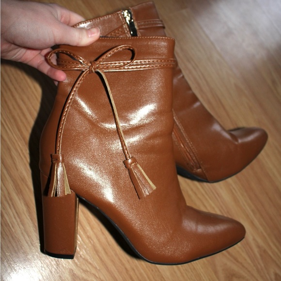 Brown Ankle Boots with Fringe Tie Detail - Picture 3 of 5